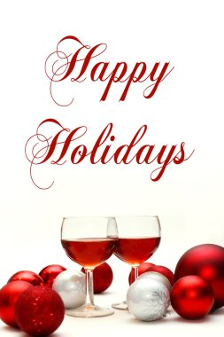 Kırmızı şarap ve kelime Happy Holidays ile Noel süsleri