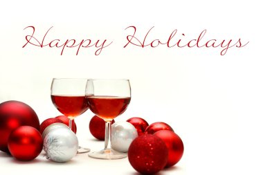 Kırmızı şarap ve kelime Happy Holidays ile Noel süsleri