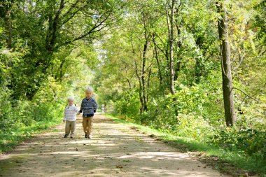 genç çocuk sonbahar ormanda yürüyüşe elele