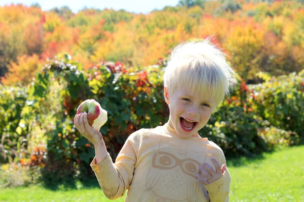 Feliz niño riéndose comiendo manzana en Orchard — Foto de Stock