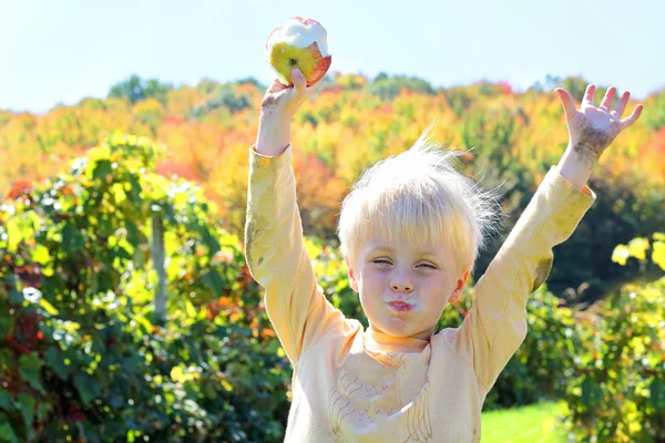 Criança feliz comendo frutas no Apple Orchard no outono — Fotografia de Stock