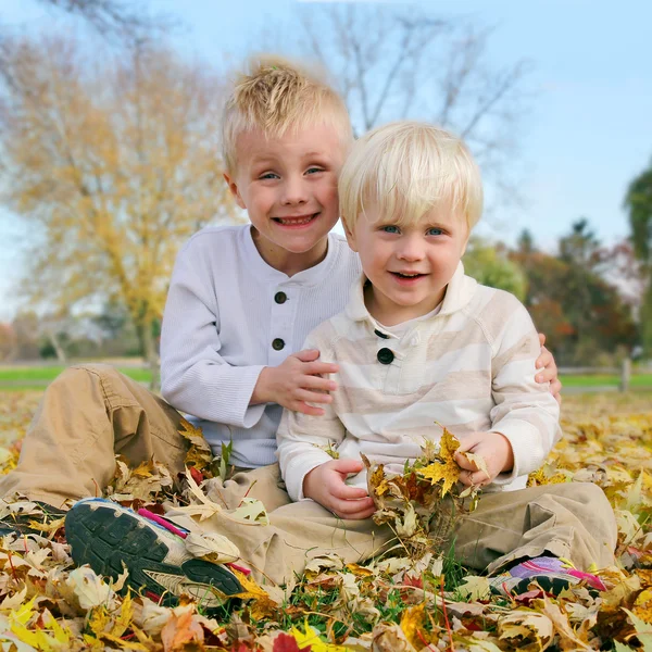 Portrait Jeunes enfants à l'extérieur dans les feuilles d'automne tombées — Photo