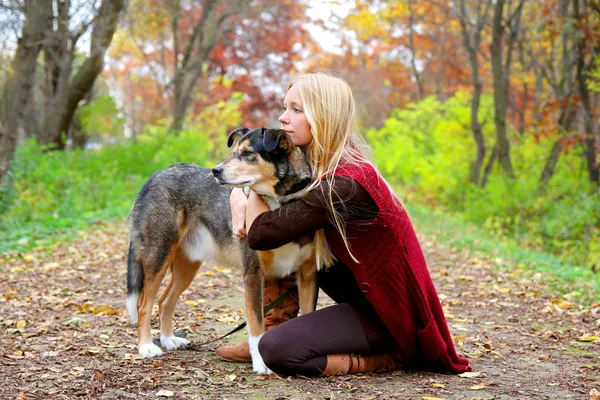 Womann woods a Pet pes relaxaci v lesích na podzim — Stock fotografie