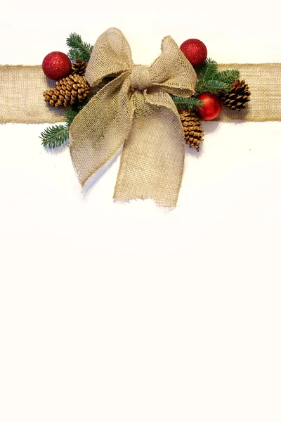 Jute Kerstmis Bow, en ornamenten met Pinecones geïsoleerd op W — Stockfoto