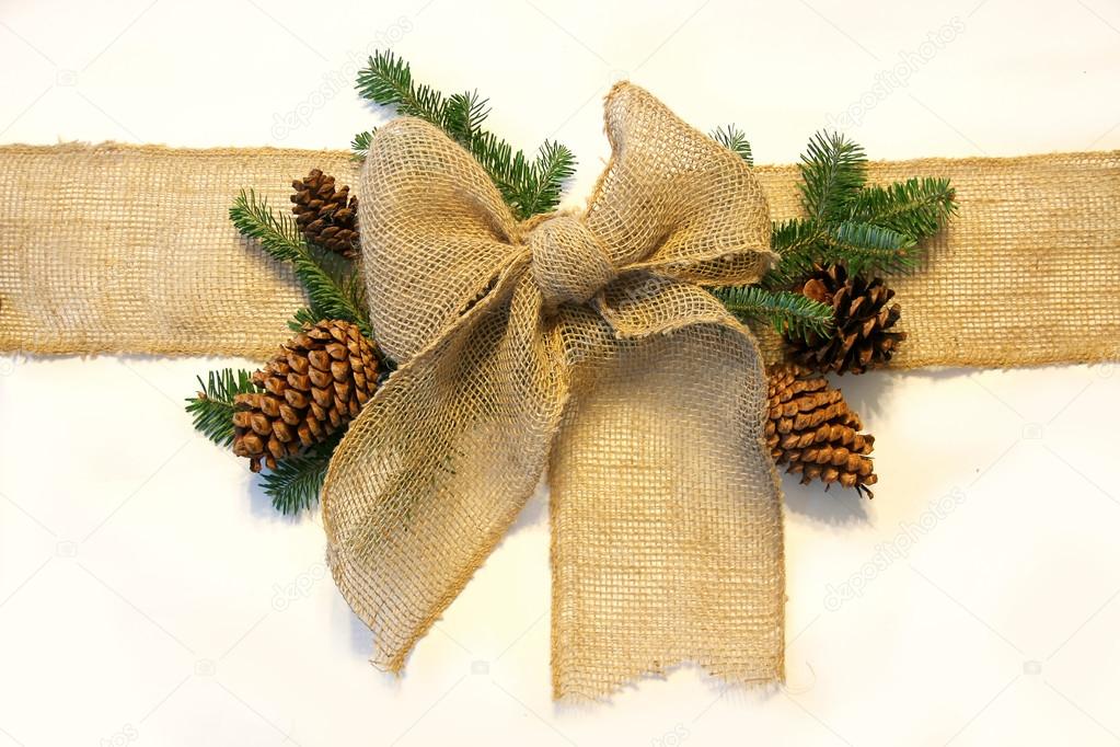 Burlap Christmas Bow and Pine Cones Wrapped Around White Backgro