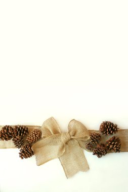 Çuval bezi Noel yay ile beyaz arka plan üzerinde izole Pinecones