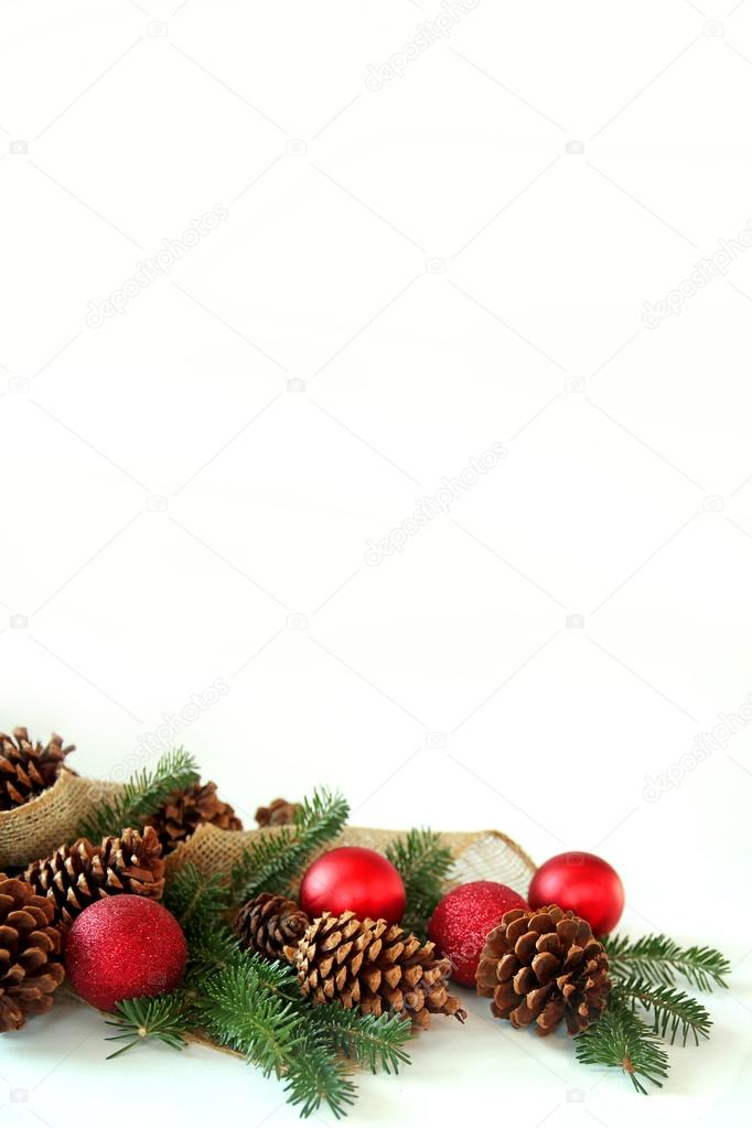 Christmas Bulb, Pine Cone, and Evergreen Border Isolated on Whit