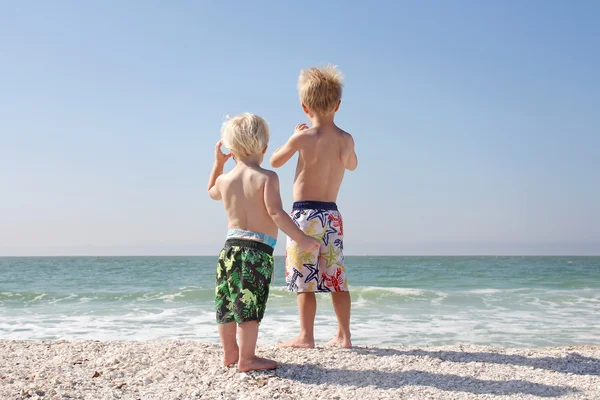 两个年幼的孩子，在海滩上找出在大海之上 — 图库照片