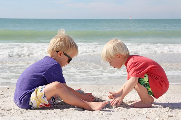 Двое маленьких детей играют на пляже у океана — стоковое фото