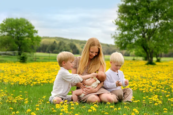 Mor och tre barn leker i blomma äng — Stockfoto