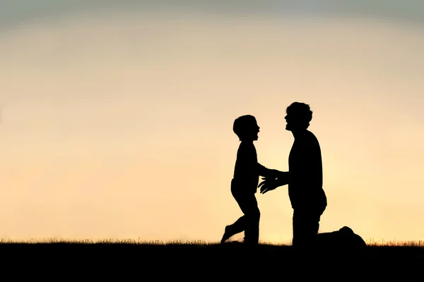 Silueta de feliz padre e hijo al atardecer — Foto de Stock