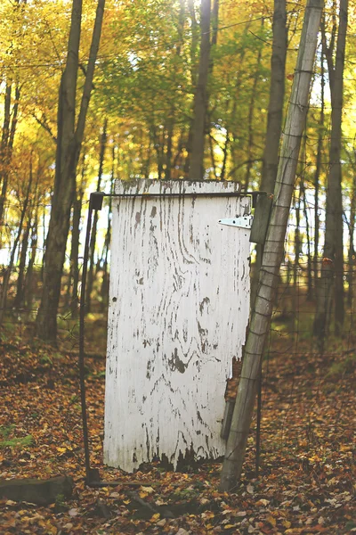 Puerta de madera vieja espeluznante en bosques de otoño — Foto de Stock
