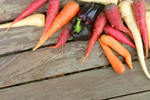 Organic Farm Vegetables Frame Wood Background — Stok Foto