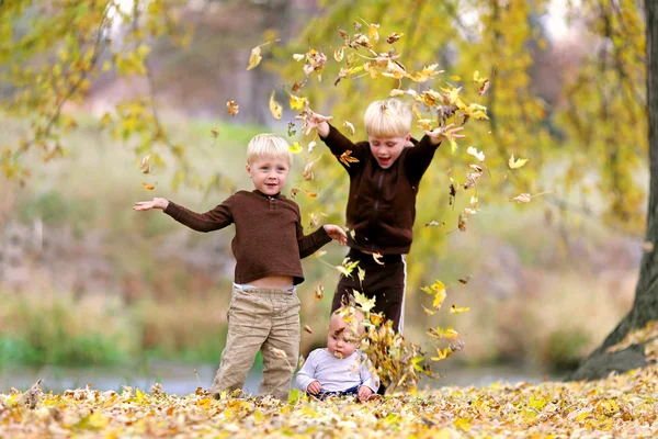 Tres niños pequeños jugando en hojas caídas —  Fotos de Stock