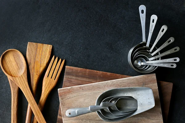 Vintage Silver and Wooden Baking Supplies Border — Stock Photo, Image