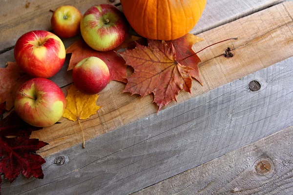 Manzanas frescas, calabazas y hojas de arce Fondo de madera fronteriza — Foto de Stock