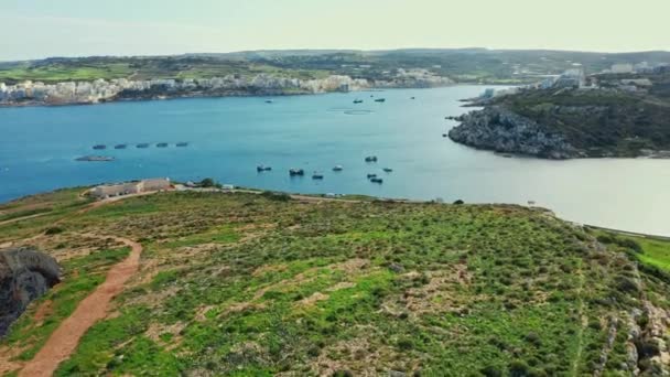 Widok Lotu Ptaka Zielone Pola Wzgórza Wyspie Morze Malta — Wideo stockowe