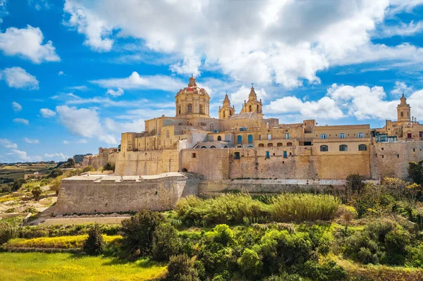 Miasto Mdina Dawna Stolica Malty Słoneczny Dzień Krajobraz Natury — Zdjęcie stockowe