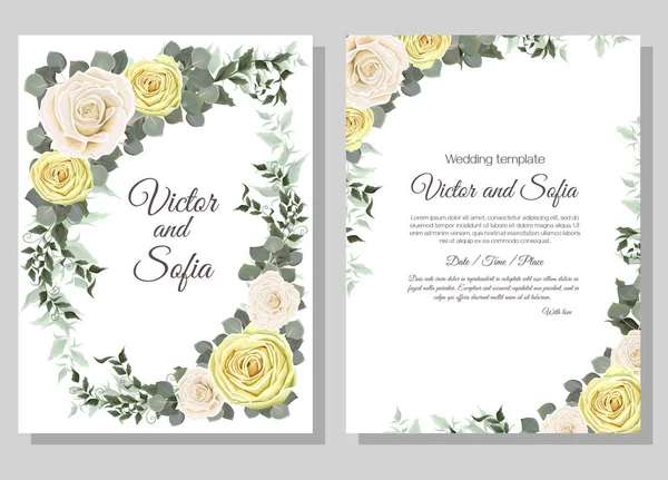 Plantilla vectorial para invitación de boda. Rosas beige y blanca, eucalipto, hojas. — Vector de stock