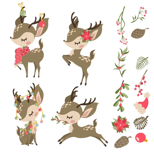 Vector ingesteld op herten. Nieuwjaarsdieren. Een set van decoraties op een witte achtergrond, kegels, poinsettia, kerstbal, bessen, takken, bladeren. — Stockvector
