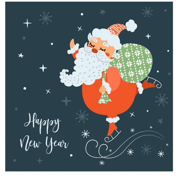 Tarjeta de Año Nuevo Vector. Bailando Santa Claus. Santa Claus en patines. — Archivo Imágenes Vectoriales