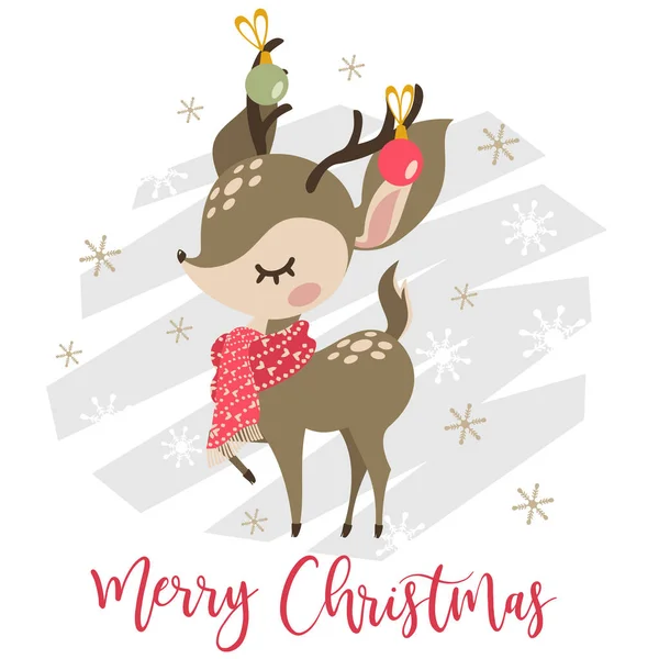 Vektorová novoroční karta. Roztomilý jelen, sněhové vločky — Stockový vektor