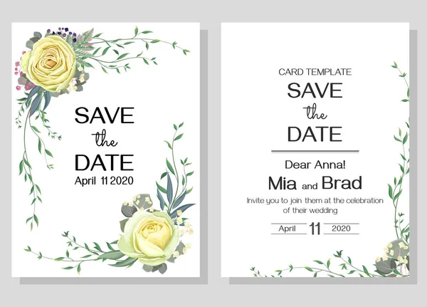 Modèle vectoriel pour invitation de mariage. Roses beiges et blanches, eucalyptus, feuilles. — Image vectorielle
