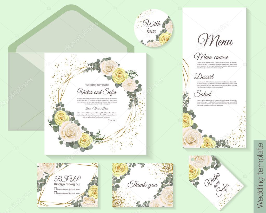 Vector template for wedding invitation. Beige and white roses, eucalyptus, geometric golden shapes, sparkles. Rsvp, invitation, thank you, round card, menu.