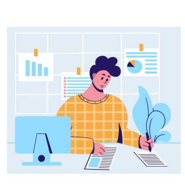 Vektör çizimi. Adam kağıtlarla çalışıyor. Evden çalışmak, raporlar, kriz.