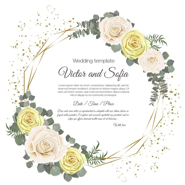 Frame for a wedding invitation. Beige roses, eucalyptus, sparkles, polygonal gold frame. Wedding floral template. — Stock Vector