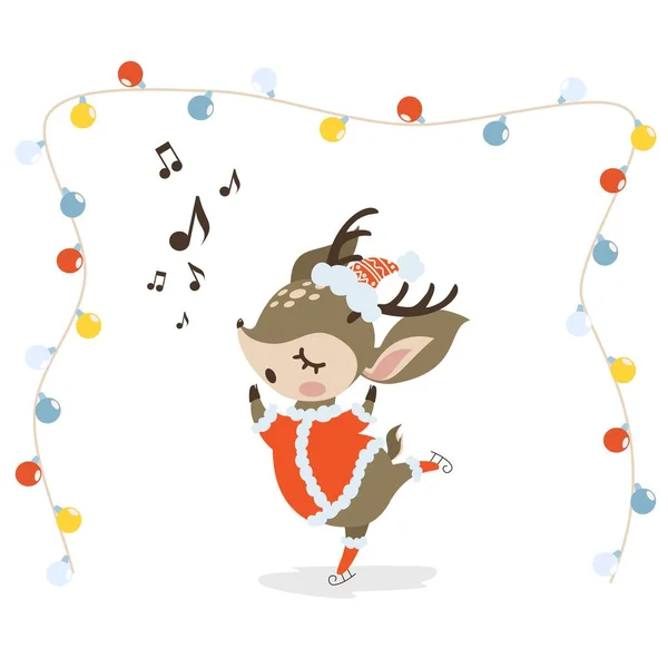 Ein niedlicher Hirsch als Weihnachtsmann verkleidet tanzt auf Schlittschuhen. — Stockvektor