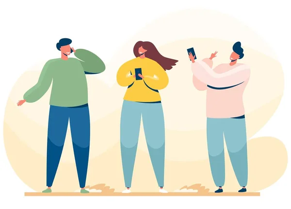 Щасливі люди користуються телефонами. Плоска векторна ілюстрація . — стоковий вектор