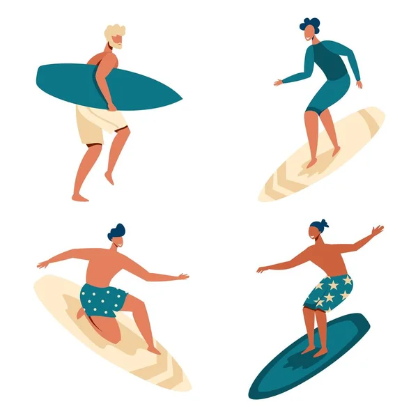 Векторный набор с людьми, которые занимаются серфингом — стоковый вектор
