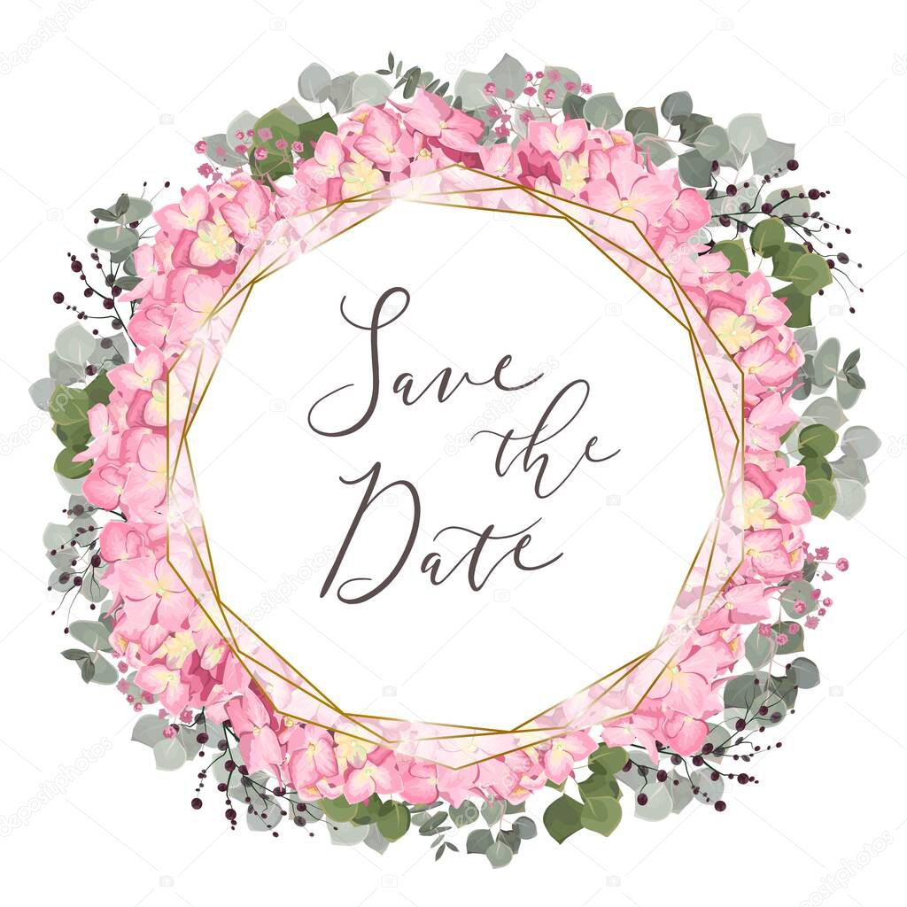 Round floral vector frame. Pink hydrangea, gypsophila, berries, eucalyptus, green plants and leaves, polygonal gold frame.
