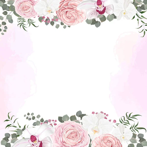 Bruiloft kaart met roze aquarel textuur en bloemen. — Stockvector