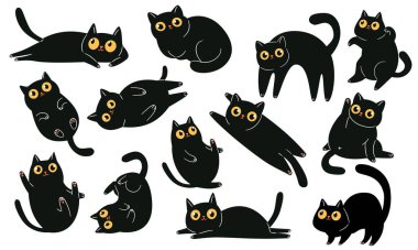 A set of flat vector illustrations in a simple childrens style. Cute black cats with big eyes in different poses. Vector illustration