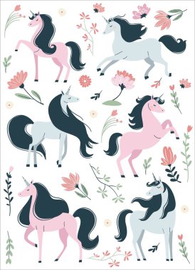 Bir dizi düz vektör çizimi. Beyaz arka planda bitkiler ve çiçeklerle farklı pozlarda şirin tek boynuzlu atlar. - Evet. Vektör illüstrasyonu