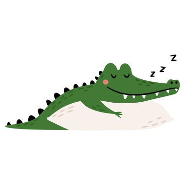 Tatlı bir timsah beyaz arka planda uyur. Basit bir çocuk tarzında düz bir vektör çizimi. dans, pembe, bale, balerin, bale balesi, etek. Vektör illüstrasyonu