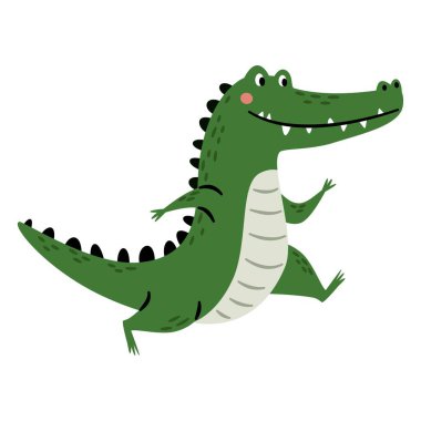 Beyaz arka planda koşan sevimli bir timsah. Basit bir çocuk tarzında düz bir vektör çizimi. - Evet. Vektör illüstrasyonu