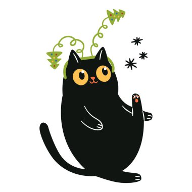 Noel ağaçlı yeni yıl bandı takan sevimli siyah bir kedi. Basit bir çocuk tarzında düz bir vektör çizimi. - Evet. Vektör illüstrasyonu