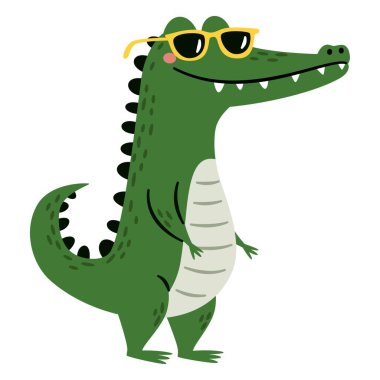 Güneş gözlüğü takan sevimli timsah. Basit bir çocuk tarzında düz vektör çizimi. - Evet. Vektör illüstrasyonu