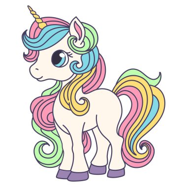 Renkli uzun yeleli ve kuyruklu şirin bir midilli. Basit bir çocuk tarzında vektör illüstrasyonu. - Evet. Vektör illüstrasyonu