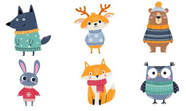 Kışlık kazaklar, şapkalar ve atkılar içinde sevimli hayvanlar: bir tilki, bir ayı, bir kurt, bir geyik, bir tavşan ve bir baykuş. Beyaz arka planda bir dizi düz vektör çizimi. - Evet. Vektör illüstrasyonu