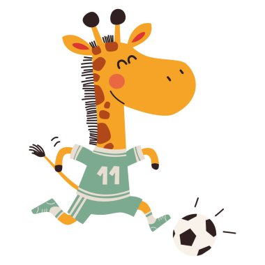 Futbol formasıyla futbol oynayan sevimli bir zürafa. Basit bir çocuk tarzında vektör illüstrasyonu, beyaz arkaplan. Vektör illüstrasyonu