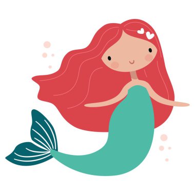 Uzun siyah saçlı, saf sanat eserleri olan sevimli bir denizkızı. Düz vektör çizimi. Vektör illüstrasyonu