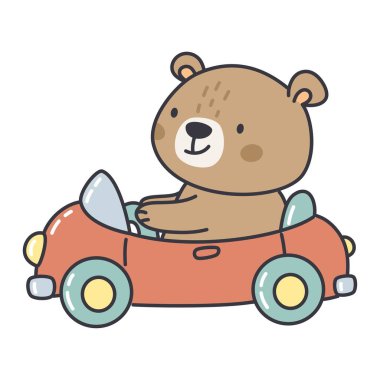 Oyuncak arabaya binen sevimli bir ayı, beyaz arka planda basit bir çocuk tarzında vektör çizimi. Vektör illüstrasyonu