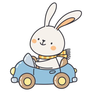 Oyuncak arabaya binen sevimli tavşan, beyaz arka planda basit bir çocuk tarzında vektör çizimi. Vektör illüstrasyonu