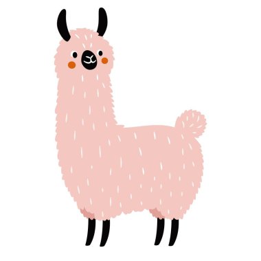 Basit bir çocuk tarzında düz vektör çizimi. Şirin pembe lama. Vektör illüstrasyonu