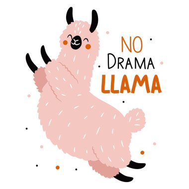 Basit bir çocuk tarzında düz vektör çizimi. Şirin pembe bir lama, harflerle mutlu bir şekilde zıplıyor. Vektör illüstrasyonu