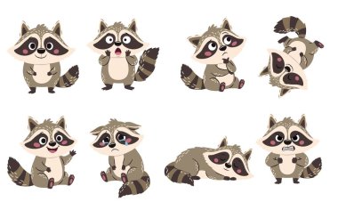 Farklı pozlarda ve farklı duyguları olan sevimli rakunlar. Düz vektör illüstrasyonlarının çocuksu bir koleksiyonu. - Evet. Vektör illüstrasyonu